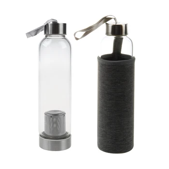 

2x Glass Sport Water Bottle with Tea Filter Infuser Protective Bag 550Ml Black & Grey