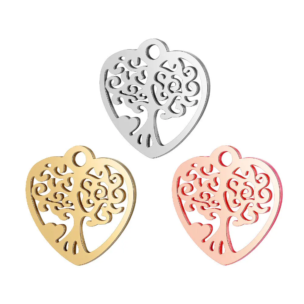 

5pcs Titanium Stainless Steel Hollow Out Heart Shape Gold Rose Gold Silver Tone Tree of Life Charm Pendant DIY Jewelry Findings