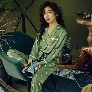 

Sweet Print Pajamas Set Women 2PCS Shirt&Pants Lace Pyjamas Suit Female Green Sleep Set Casual Long Sleeve Home Wear