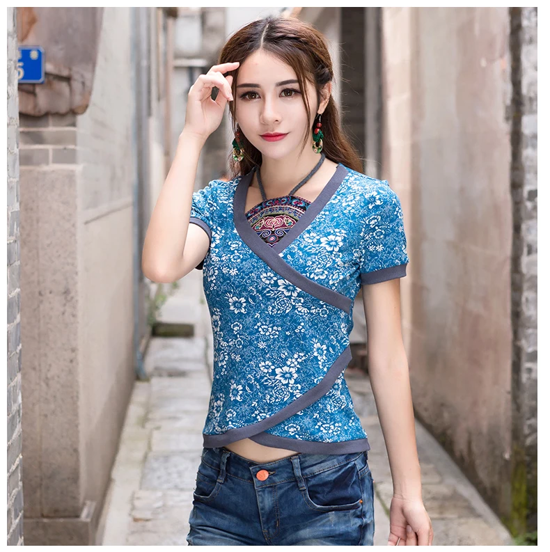 KYQIAO женские блузки blusas y camisas mujer размера плюс традиционная китайская одежда винтажная Этническая лента с принтом блузка рубашка
