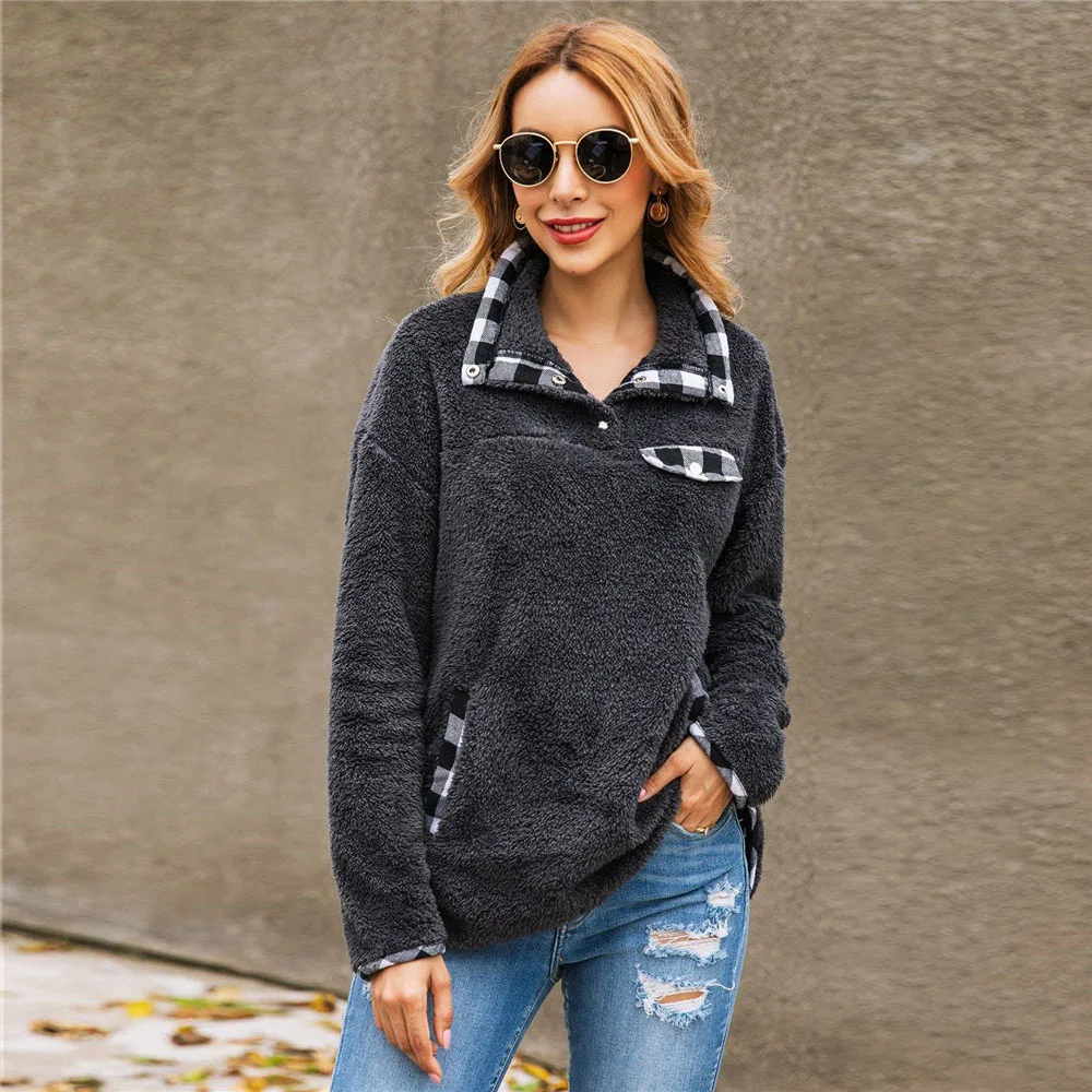2019 зимний пушистый свитер шерпа флисовая водолазка в клетку пуловеры с большими