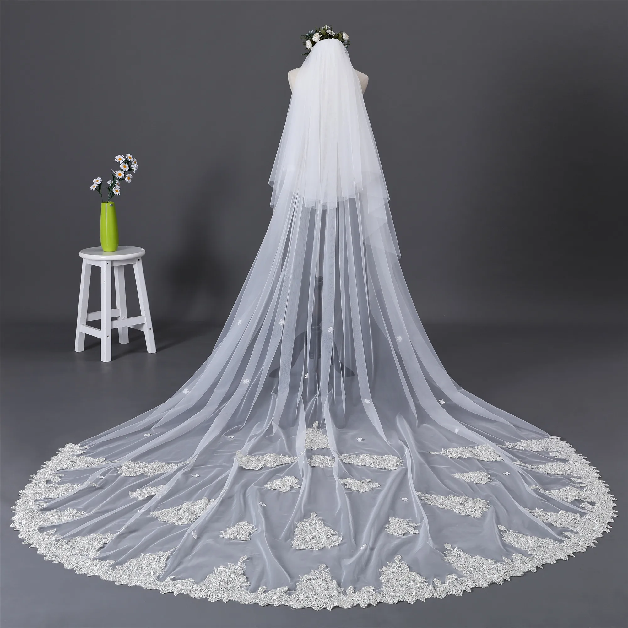 Erosebridal Новое поступление собора 350 см шаль с кружевными краями вуаль Длинная женская свадебная белая вуаль 2 слоя