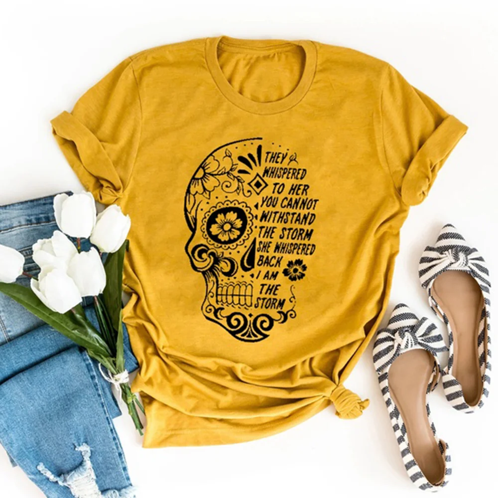 Skull Flowers They Whispered To Her Printing T-shirts Women Summer Clothes Graphic Tee