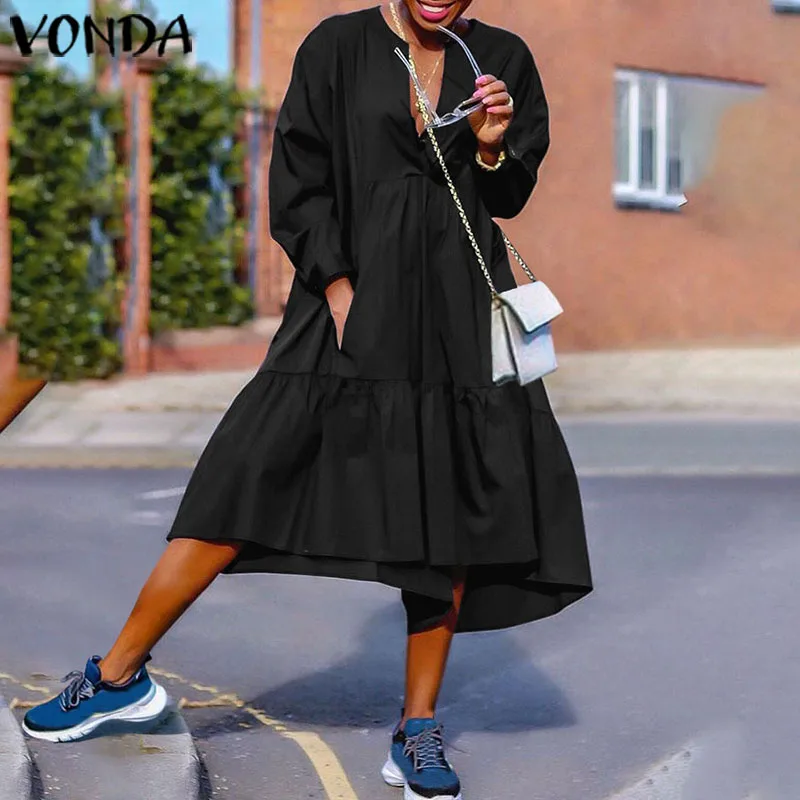 VONDA, богемное платье для беременных, женское, осеннее, с длинным рукавом, одноцветные, платья для вечеринок, Свободный Летний сарафан, Пляжное Платье, 5XL Robe