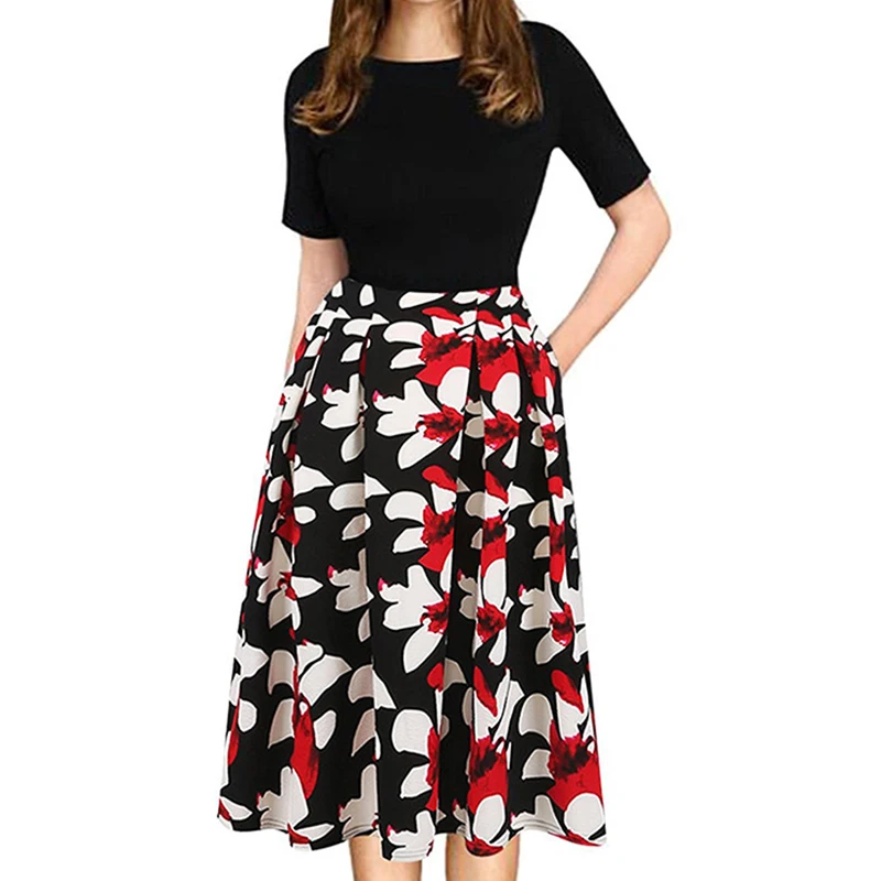 

TMWEVN Women Elegant Vintage Floral Print Patchwork Short-sleeved Dress Big Swing