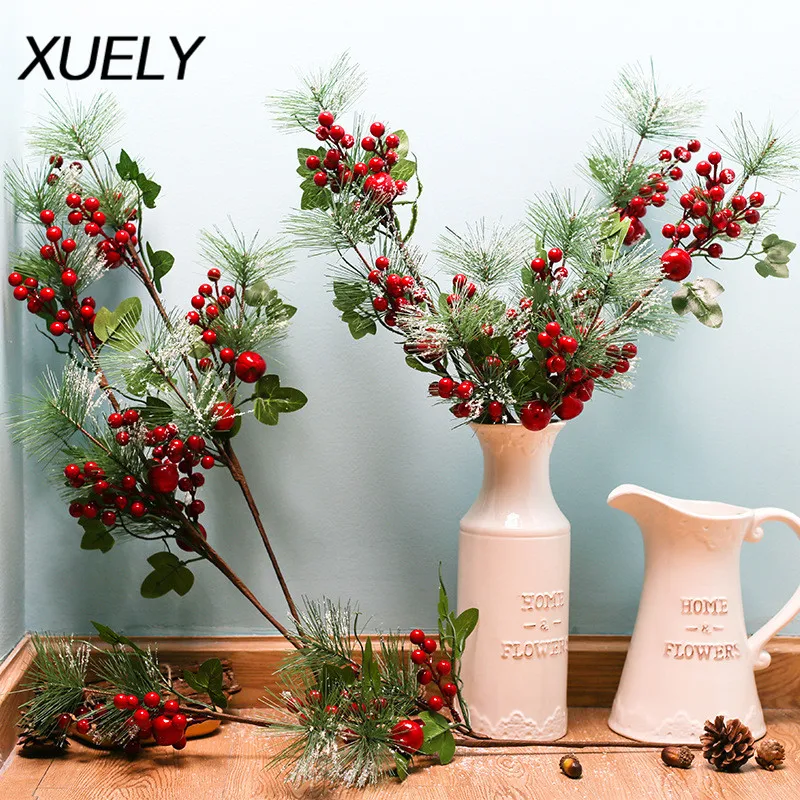 Red Berry Holly Leaves Branch Artificial Flower Decor Home Flower Bouquet Decors 