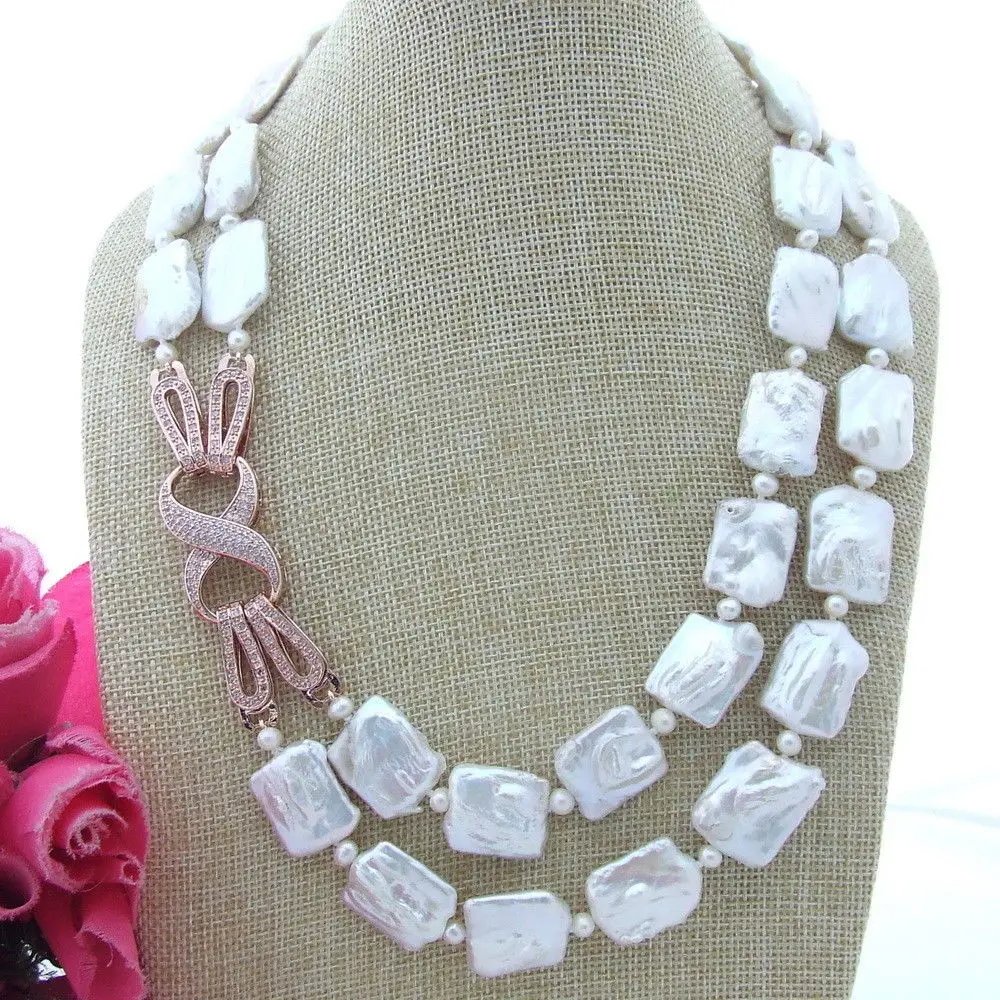 

NEW 20" 2 Strands Natural White 16-20mm Rectangle irregular Freshwater Pearl Necklace