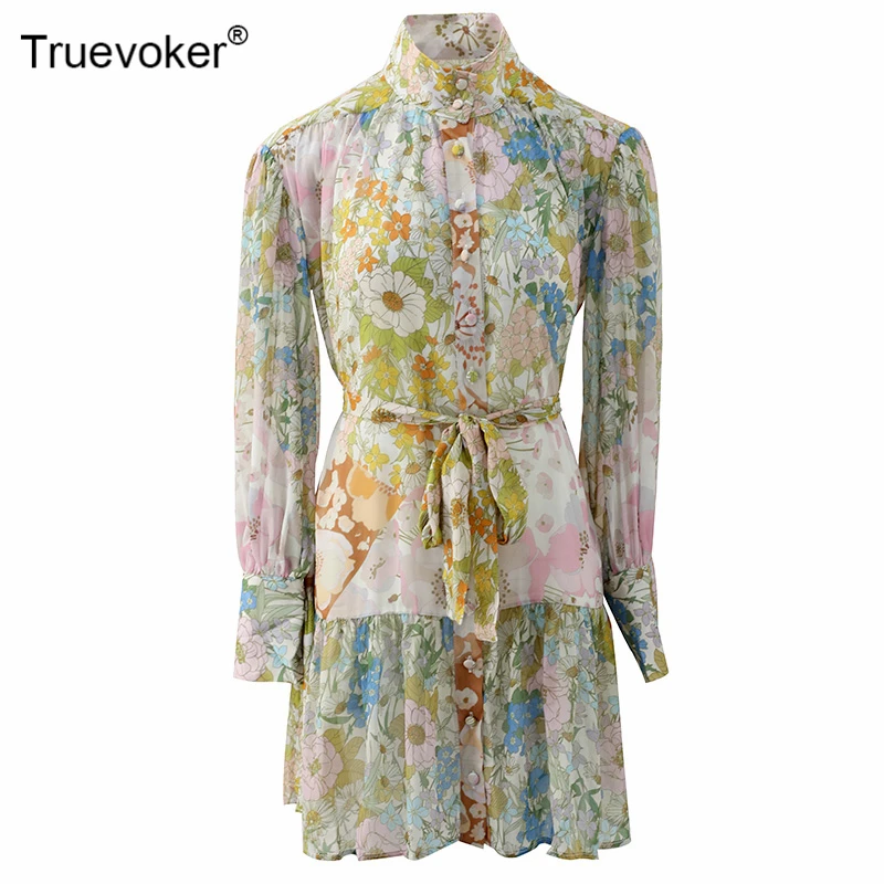 

Truevoker Designer Runway Dresses Women's High Quality Full Sleeve Fancy Floral Printed Autumn Straight Resort Robe Femme Ete
