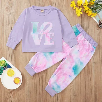 

2020 Winter Children Sets Casual Long Sleeve O Neck Letter T-shirt Tie-dye Trousers Cute 2Pcs Girls Clothes Sets 0-2T