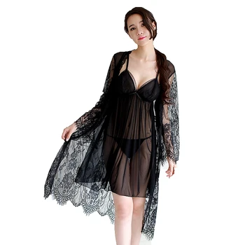 

Women Pijamas Dress Lace Robe & Gowns Set Womens Tops and Blouses Bathrobe Sexy Lingerie Dress Porno See Though Sleepwear Sets