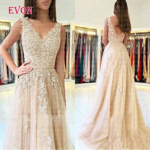 Vestidos de fiesta de noche largos elegantes длинное кружевное ТРАПЕЦИЕВИДНОЕ ПЛАТЬЕ цвета шампанского для выпускного вечера Vestidos largos de fiesta вечернее платье