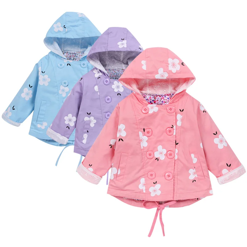 Коллекция года, осенняя куртка для девочек, ветровка, пальто Детская верхняя одежда с капюшоном и цветочным принтом весенняя одежда для маленьких детей 2, 3, 4, 5, 6 лет