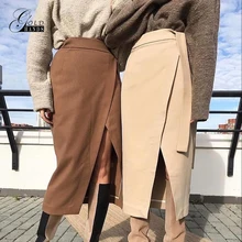 Золотые стрелки юбка хаки замша длинная юбка женская Осень Зима Повседневная обёрточная шнуровка Высокая талия миди юбки женские s зима