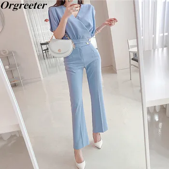 

High-end Elegant Ladies 2 Piece Butterfly Sleeve Shirt and Pants Sets Women Summer Short shirt and Long Trousers Casual Outfits