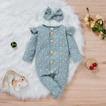Newborn Baby Girls Romper Cotton Long Sleeve Floral Print Jumpsuit +Headband Sets Outfit Baby Fall Girl Clothing 6 9 12 18 Month 4