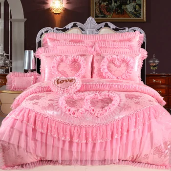 

Pink Lace Princess Wedding Luxury Bedding Set King Queen Size Silk Cotton Stain Bed set Duvet Cover Bedspread Pillowcase