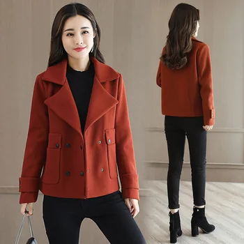 

Office Lady Solid Short Coat for Women Double Breasted Wool Coat and Jacket Turn-down Collar Women Clothes 2018