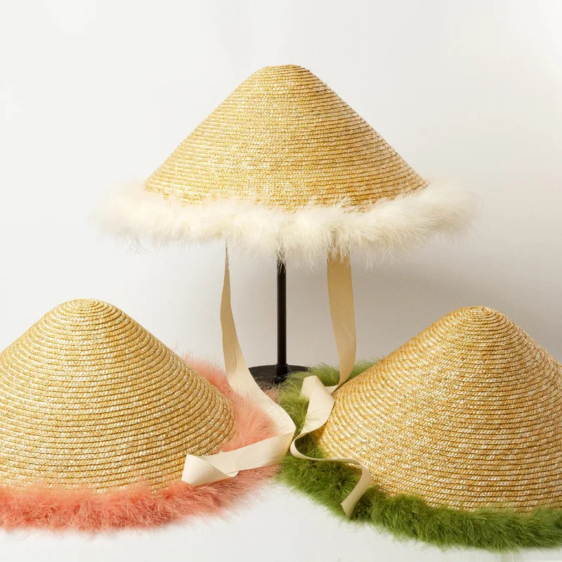 

European And American Summer Feather-side Straw Hats For Women Outdoor Beach Sunscreen Sun Hat Fashion Designer Style Hat Cape