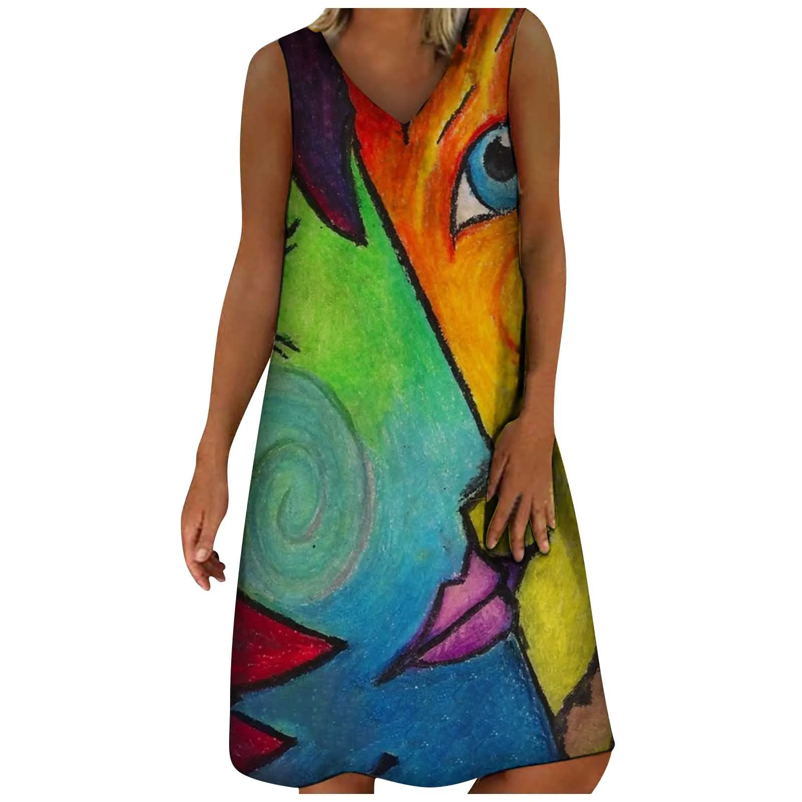 2021 Women Clothing Summer V-neck Abstract Print Sleeveless Plus Size Pullover Long Dresses Elegant Leisure Dresses Платье 2