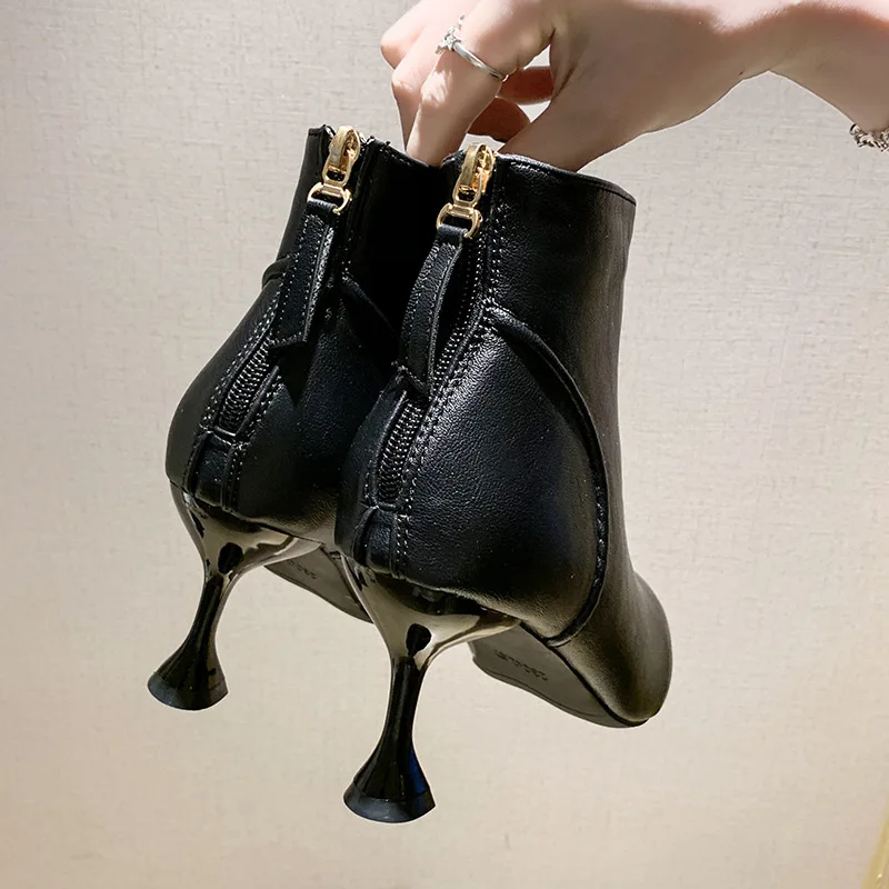

Leather Shoes Women's Winter 2019 New Style shi shang xue Korean Network Red Pointed High Heels plus Velvet Full-grain Leather H
