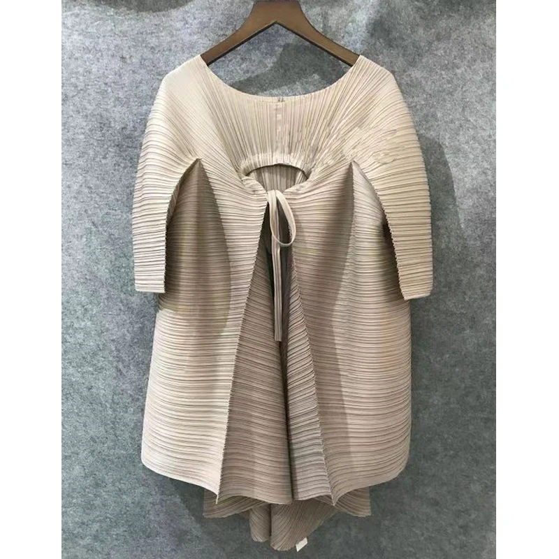 Light Khaki Четыре сезона Miyak плиссированный женский плащ стильный Дикий сплошной цвет Большой размер свободный пятиконечный рукав футболка завязывается t8986557778 - Цвет: Light Khaki