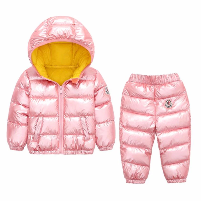 Комплект одежды из хлопка на пуху для девочек и мальчиков, зимняя куртка+ штаны, костюм утепленная верхняя одежда с капюшоном для маленьких детей, пальто для детей, комплекты одежды