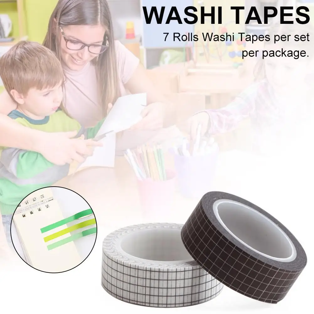 

7 Rolls Grid Washi Tape Set 10M(33ft) Colorful Writable Paper Adhesive Masking Tapes 15MM(3/5in) Width Sticky Paper Tape for DIY
