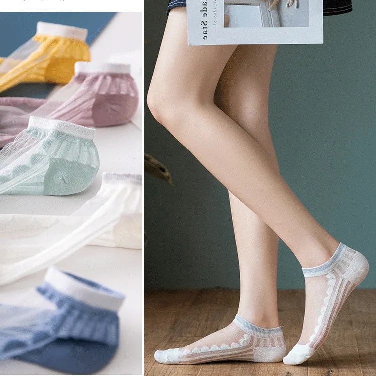

summer thin Japanese crystal socks glass silk socks shallow mouth boat socks transparent silk socks cotton bottom