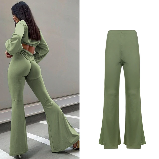CIBBAR Solid Low Waist Ribbed Flare Pants Women Summer Slim Elegant Casual Elastic Trousers Female Fashion All-Match Streetwear green
