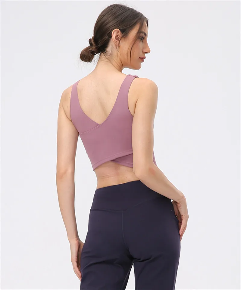Solid Color Sports Tank Soft Yoga Vest Crop Top Moisture Wicking Tight Fitness Bra Women No Rims Removable Chest Pad Gym Clothes