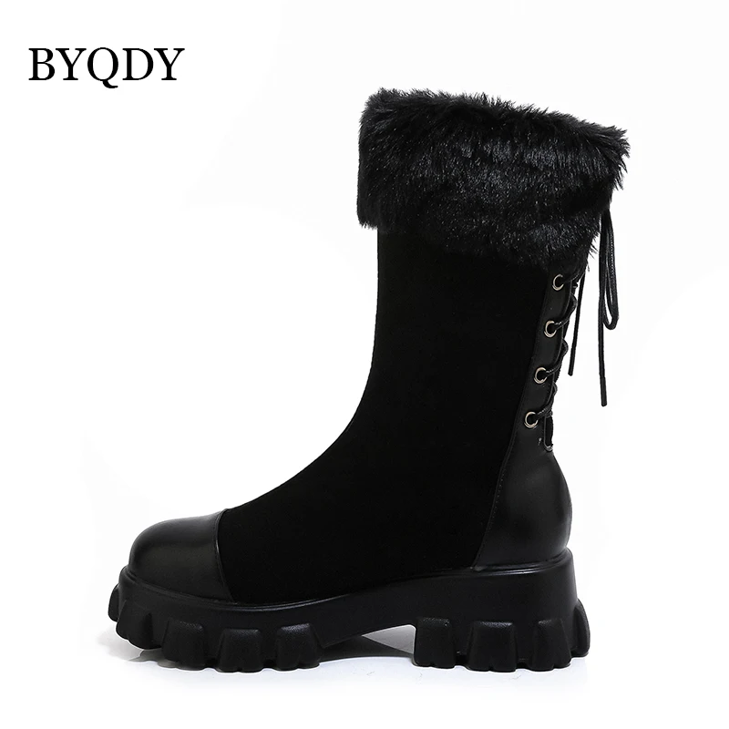 BYQDY New Thick Heels Lace Up Snow Boots Women Retro Mid Boots Winter Warm Comfortable Plush Boots Women Platform Bootie Femme