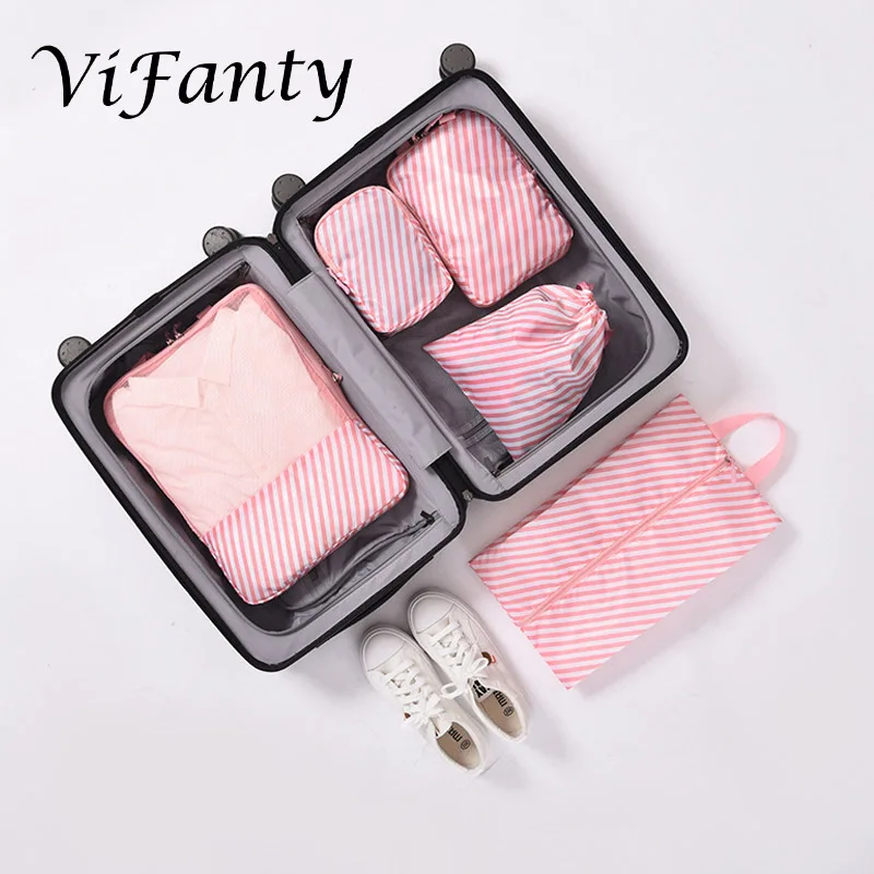 Pink with strips Полная печать шаблон портативный 5 шт дорожные потребности куб для упаковки багажа - Цвет: Pink with strips