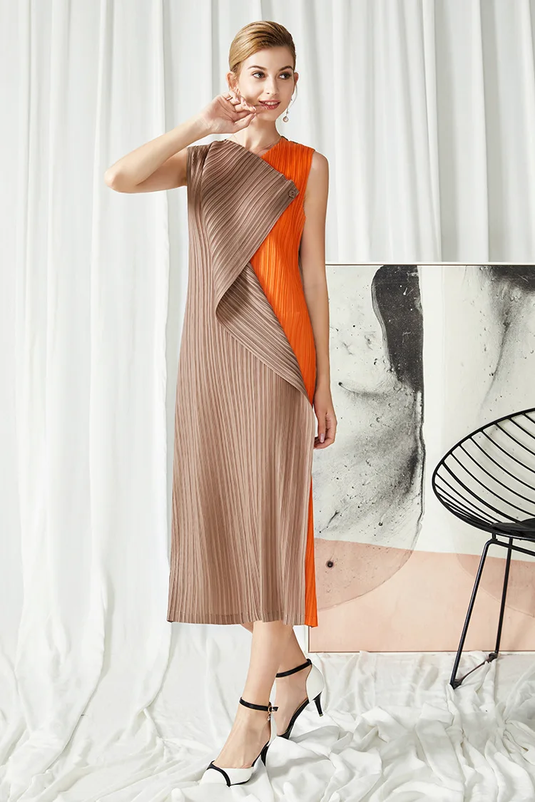 MIYAKE Плиссированное Платье-жилет женское длинное летнее прямое платье с контрастными пуговицами