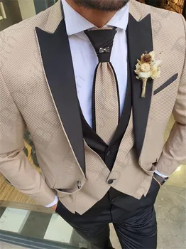 

Wedding Costume Groom Tuxedos For Men Suits Champagne Prom Fromal Business Best Man 3 Pieces Men clothes Peak Lapel Suits