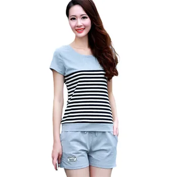 

2 Pcs/Set Women T Shirt Tops+Shorts Sporting Suits Two Piece Set Summer Short Sleeves Striped Sweat Set Women's Tracksuits