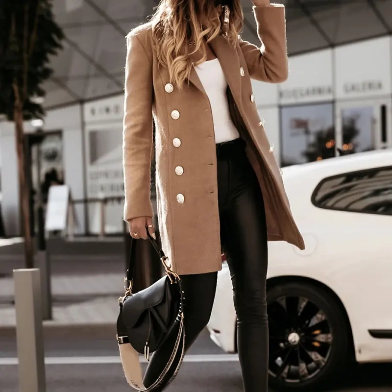 

2020 Autumn Long Sleeve Two Buttons Lapel Pocket Woolen Coat Women's Med-Length White Black Winter Plush Warm Overcoat