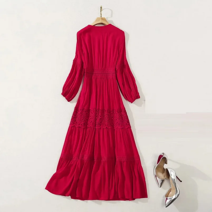 New Korean Fashion Style Dress 2020 Autumn Women V-Neck Hollow Out Lace Embroidery Long Sleeve A-Line White Red Party Chic Dress