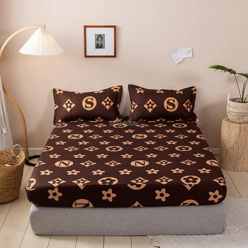 

Fashion Brand Coffee Letter Printed Fitted Sheet Bed Sheet with Pillowcases 3pcs Mattress Protector Cover Twin Queen King Size