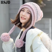 Зимняя женская шапка, Милая шапка в горошек со снежинками, вязаные шапки с помпоном, шапка s для девочек, Skullies Beanies, шапка для женщин, защищающая уши