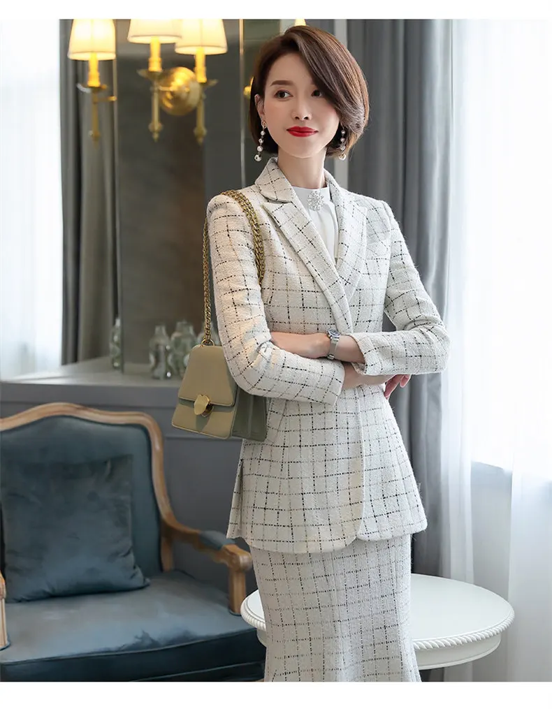 Office Uniform Ladies Elegant Work Skirt Suits Women Black White Plaid Long Skirt with Blazer Autumn Winter Jacket and Skirt Set