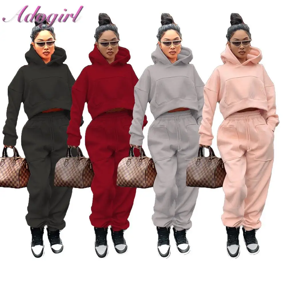 

Fitness Sportswear Two Piece Sets Soild Long Sleeve With Pocket Hoodies Sweatshirt Joggers Loose Pants Suit Workout Tracksuit