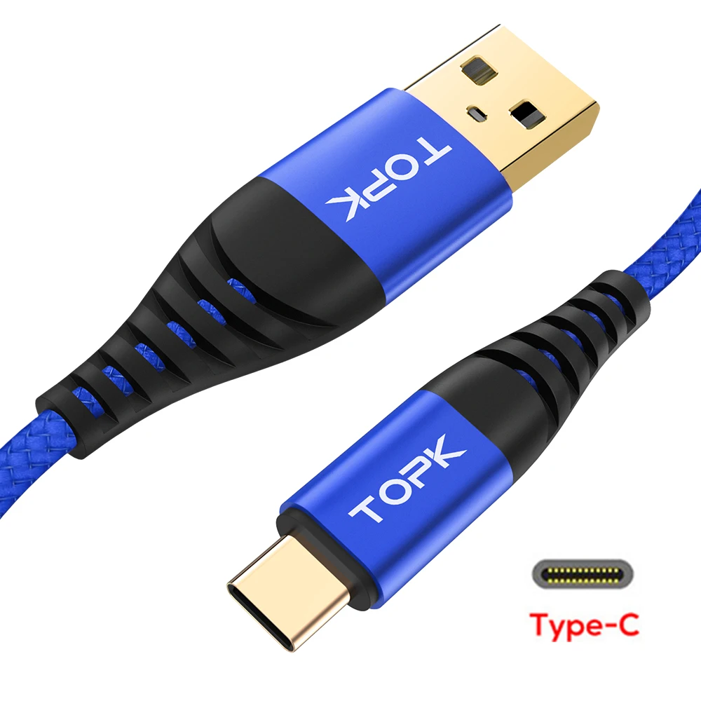 Blue Кабель TOPK AN42 3A Quick Charge 3,0 usb type C для Xiaom Redmi Note 7, кабель type-C для быстрой зарядки samsung S9 S10 Plus, USB C - Цвет: Blue