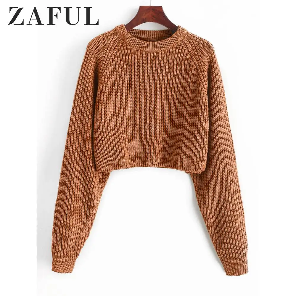 ZAFUL свитер с рукавом реглан, Короткие топы с вырезом лодочкой и длинными рукавами, свободные одноцветные пуловеры на каждый день, осень для девочек и женщин