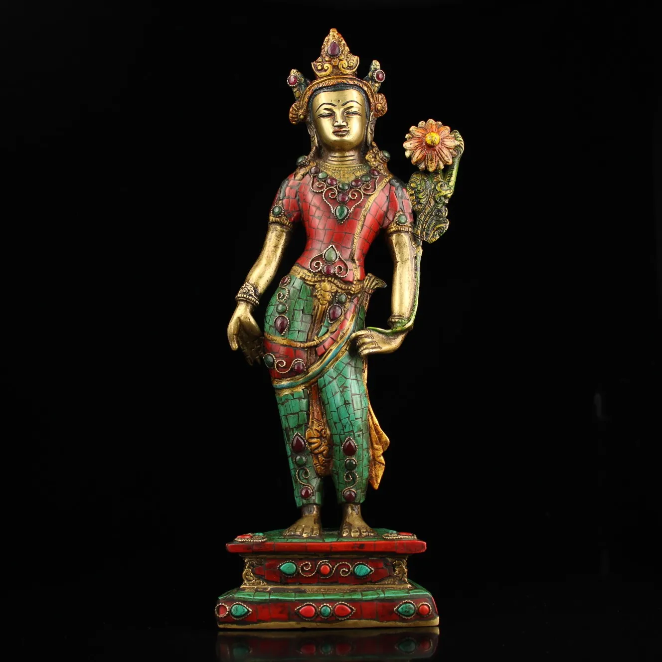 

16"Tibet Temple Collection Old Bronze Mosaic Gem Outline in gold Turquoise Green Tara Standing Buddha Worship Hall Town House