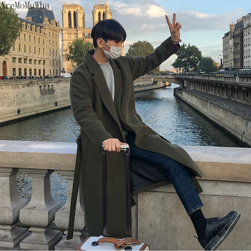 Koop AreMoMuWha Japanse Windbreaker mannen Lange Sectie Dikke Warme Warme Jas mannen Tij mannen Losse Jas Wol Wollen koreaanse Versie