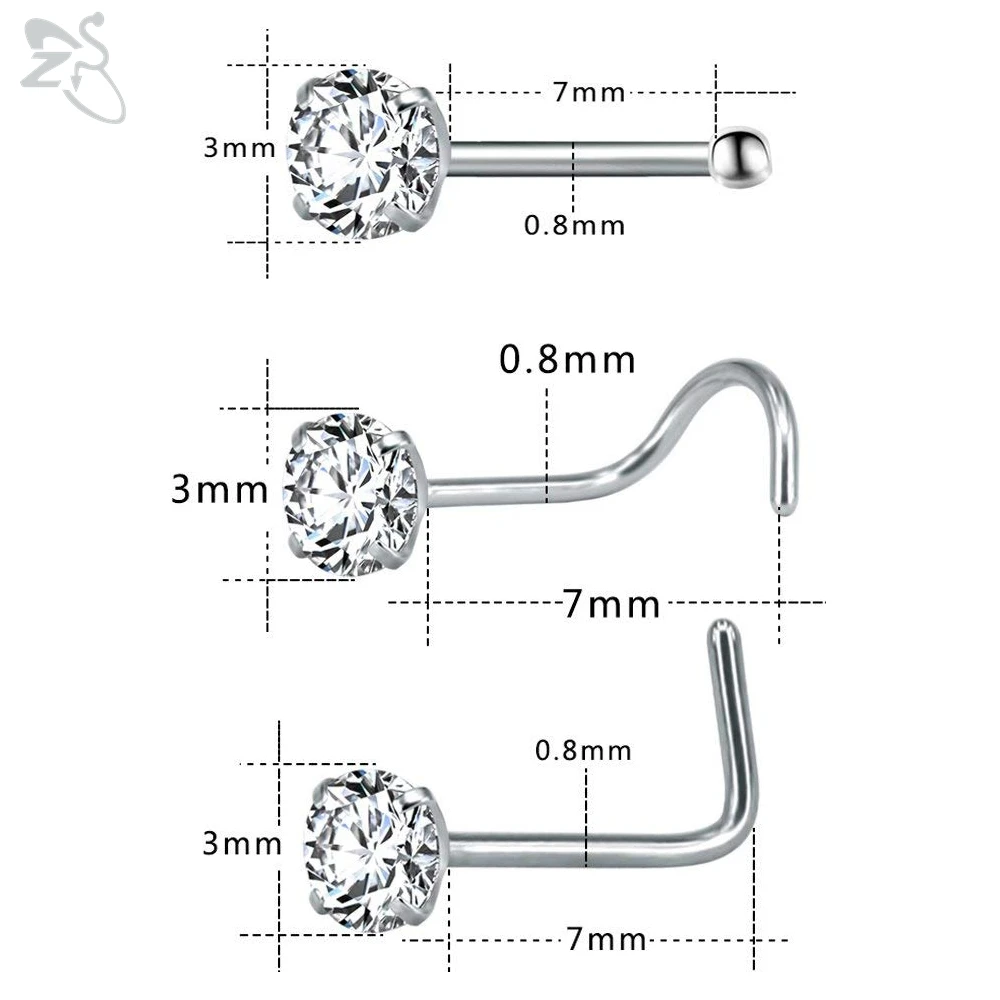 ZS 9-12PCS 316L Stainless Steel Nose Stud Sets Colorful 3mm CZ Crystal Nose Piercing 20g Bone/L Shaped/Nose Screws Nose Ring Set
