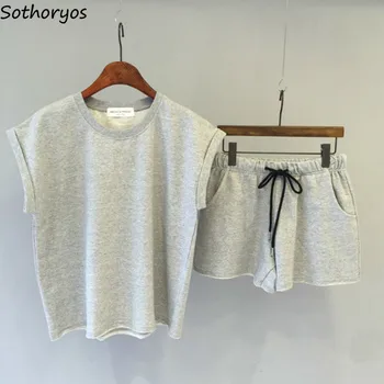 

Pajama Sets Women Two-pieces Student Korean Solid Simple Sleepwear Loose Sleeveless Comfortable Thin Leisure Fashion Breathable