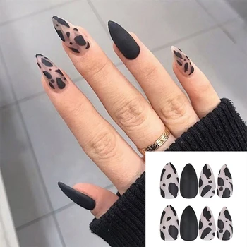 

24 PCS/Box New False Nail Tips Stiletto Full Cover Leopard Fake Nails Tips With Glue Girls Women Fashion Matte Nails Black