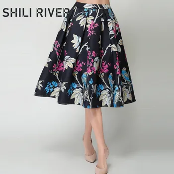 

2020 spring autumn designer elegant skirt for women slim casual print flower retro luxury knee length pleated swing full skirts