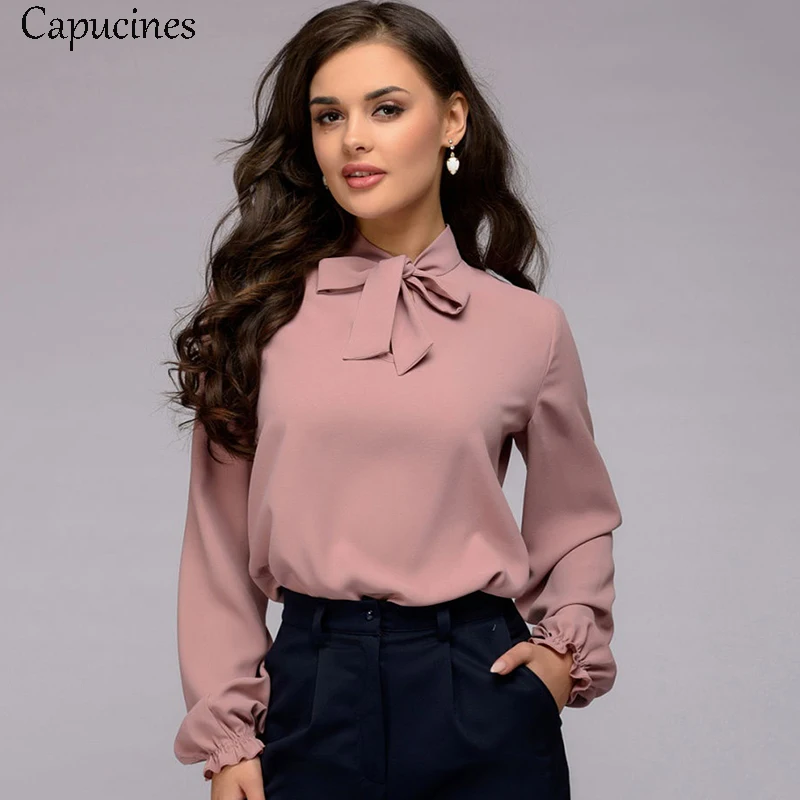 Capucines, элегантная женская рубашка с галстуком-бабочкой, весна-осень, Женские однотонные шифоновые рубашки блузки на каждый день, винтажные